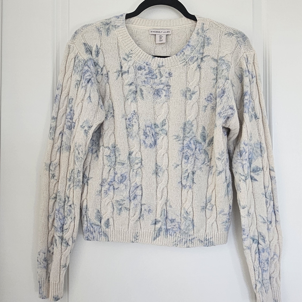 Sincerely Jules Blue and Cream Floral Knit Sweater